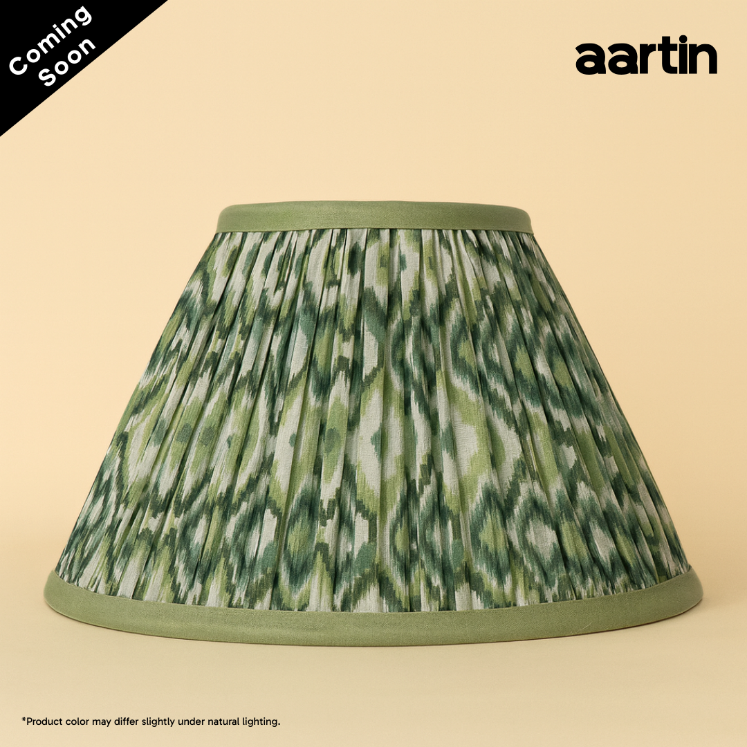 AARTIN 30 CM GREEN & WHITE IKAT EMPIRE GATHERED LAMPSHADE IN COTTON
