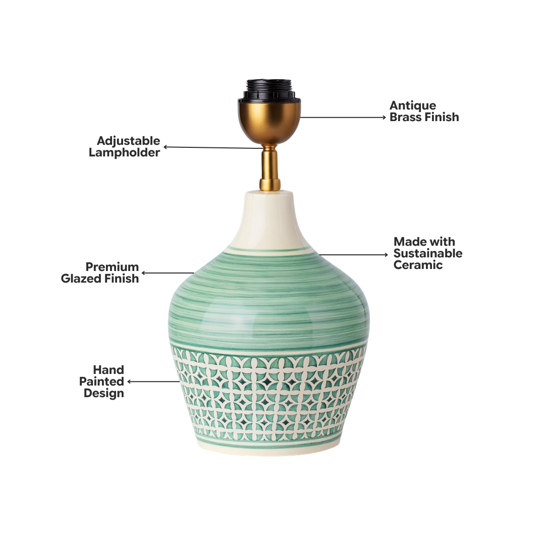 AARTIN Eden Green Ceramic Table Lamp With Green & White Ikat Lampshade