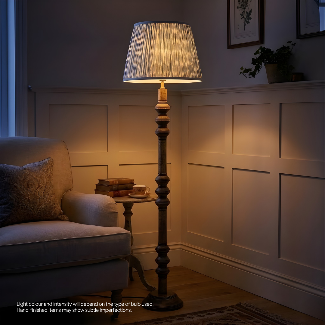 AARTIN Juno Wood Floor Lamp With Bluish Grey Ikat Lampshade