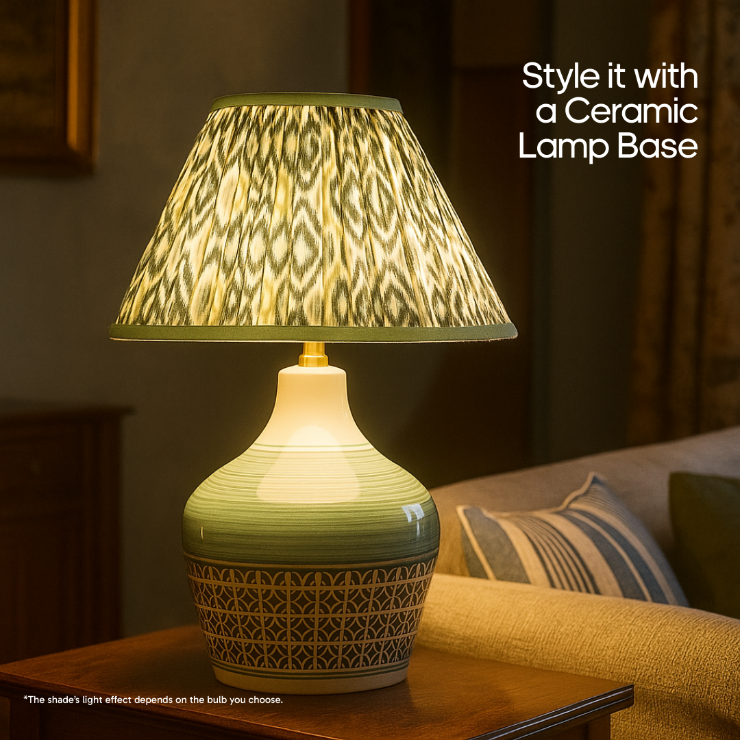 AARTIN 30 CM GREEN & WHITE IKAT EMPIRE GATHERED LAMPSHADE IN COTTON