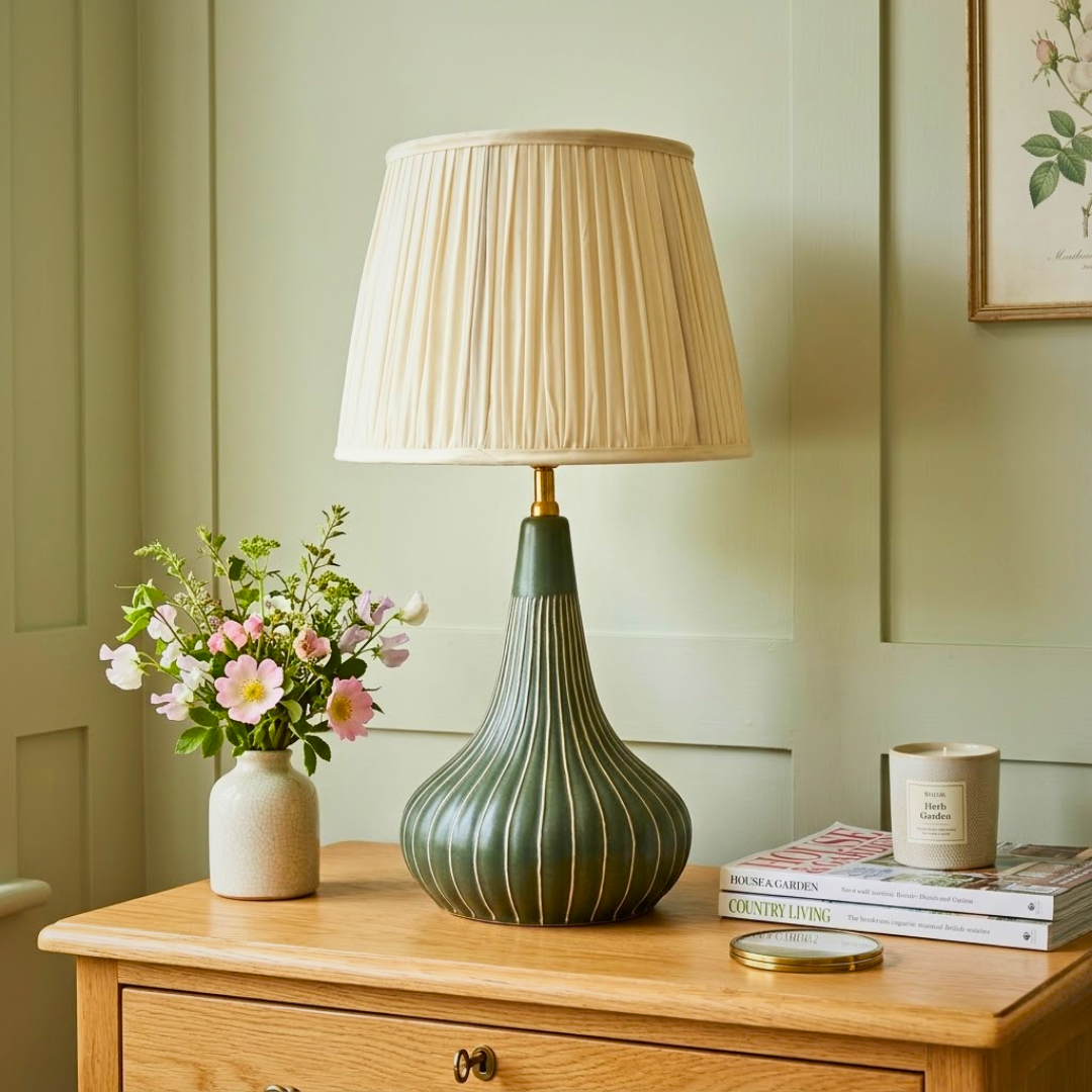 AARTIN Rosie Ceramic Table Lamp & Ivory Silk Gathered Lampshade