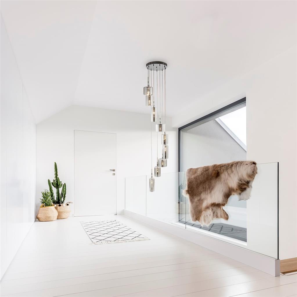 Linen 9Lt Multi-Drop Pendant - Chrome Metal & Smoked Glass - Comet Lighting