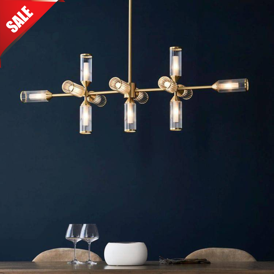 Avon 13Lt Linear Pendant Ceiling Light Satin Brass w/ Ribbed & Frosted Glass