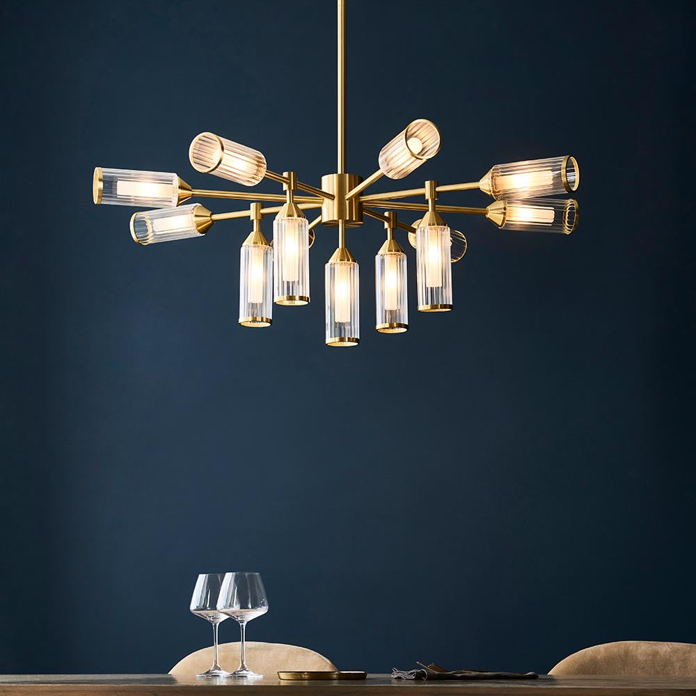 Avon 13Lt Pendant Ceiling Light Satin Brass w/ Ribbed & Frosted Glass