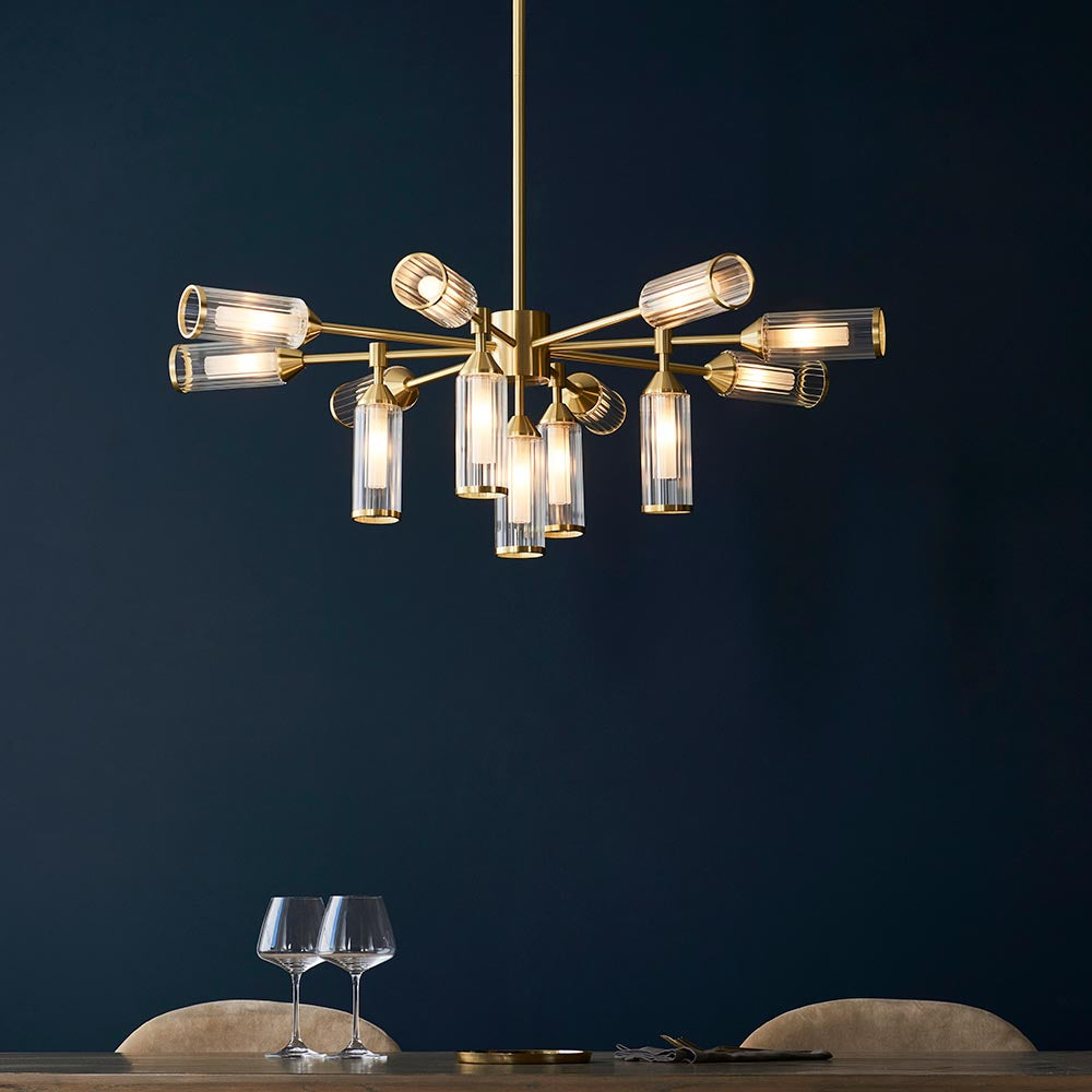 Avon 13Lt Pendant Ceiling Light Satin Brass w/ Ribbed & Frosted Glass