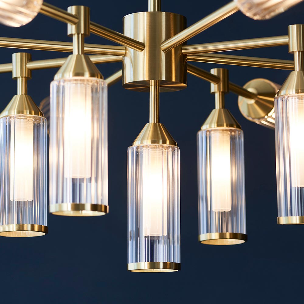 Avon 13Lt Pendant Ceiling Light Satin Brass w/ Ribbed & Frosted Glass