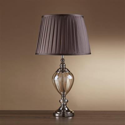 Greyson Table Lamp - Chrome, Amber Glass & Brown Shade - Comet Lighting