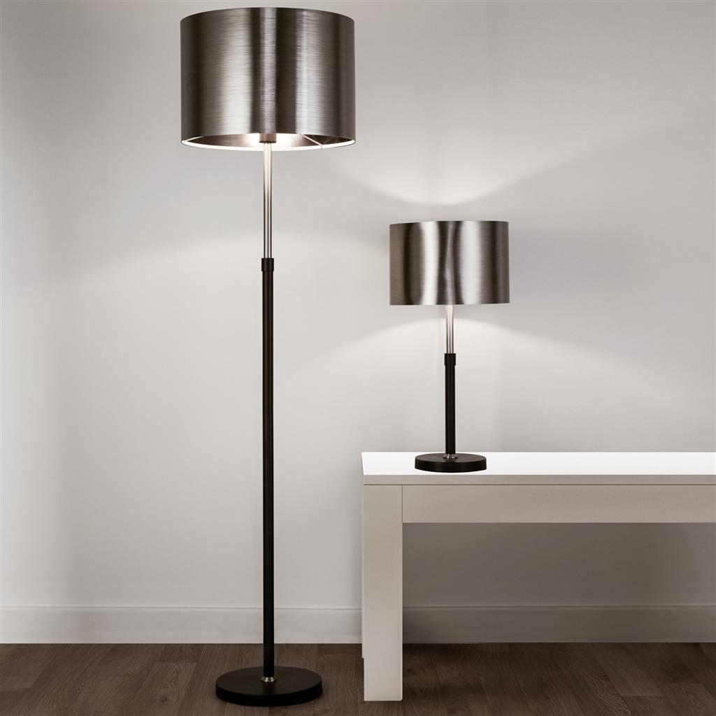 Plaford Floor Lamp Black And Chrome w/ Brushed Black Chrome Shade - Comet Lighting