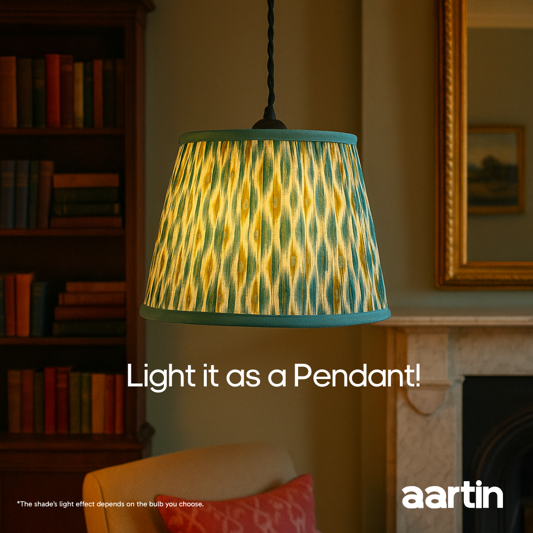 AARTIN 35 CM BLUE & GREEN IKAT STRAIGHT EMPIRE GATHERED LAMPSHADE IN COTTON