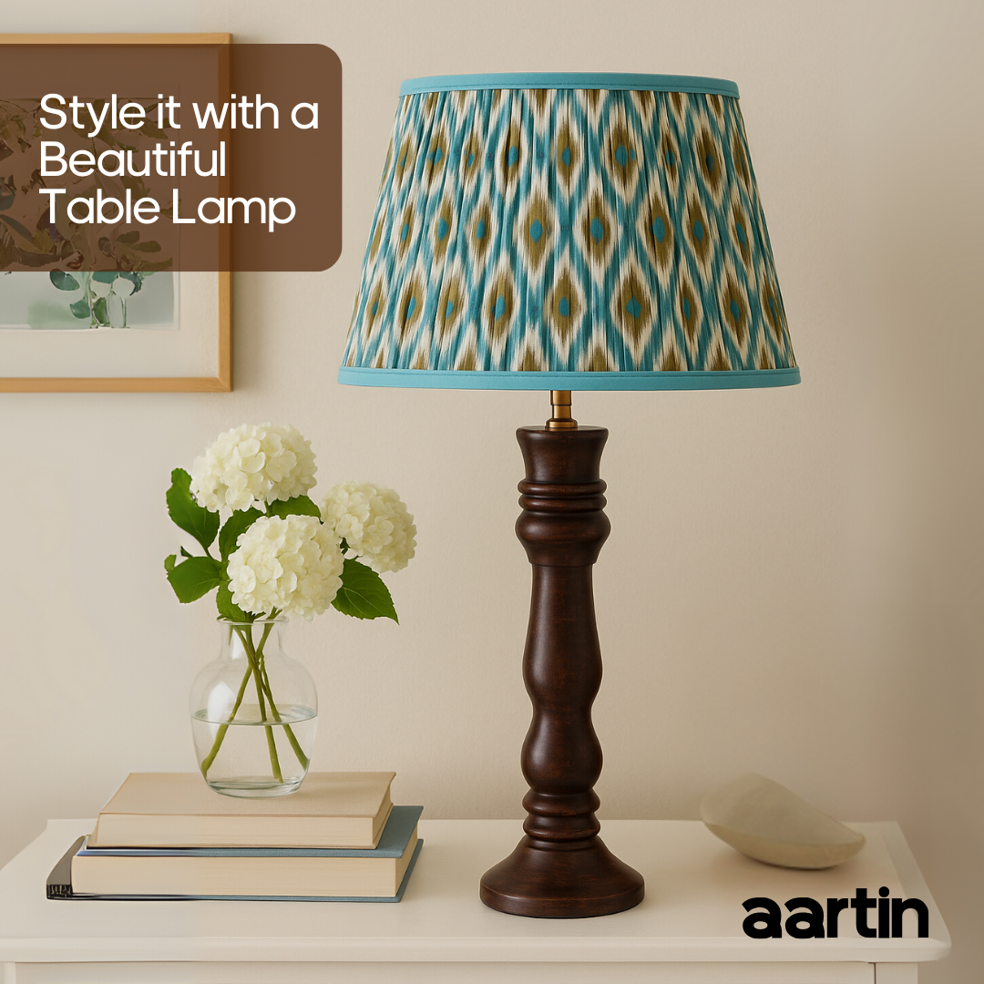 AARTIN 35 CM BLUE & GREEN IKAT STRAIGHT EMPIRE GATHERED LAMPSHADE IN COTTON