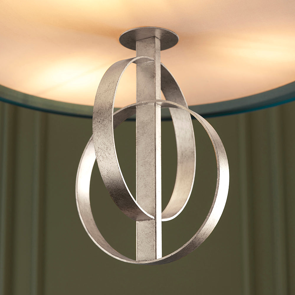 Lena 3Lt Pendant Ceiling Light Antique Silver Leaf & Teal Satin Fabric