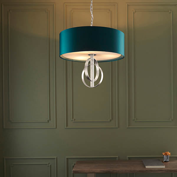 Lena 3Lt Pendant Ceiling Light Antique Silver Leaf & Teal Satin Fabric