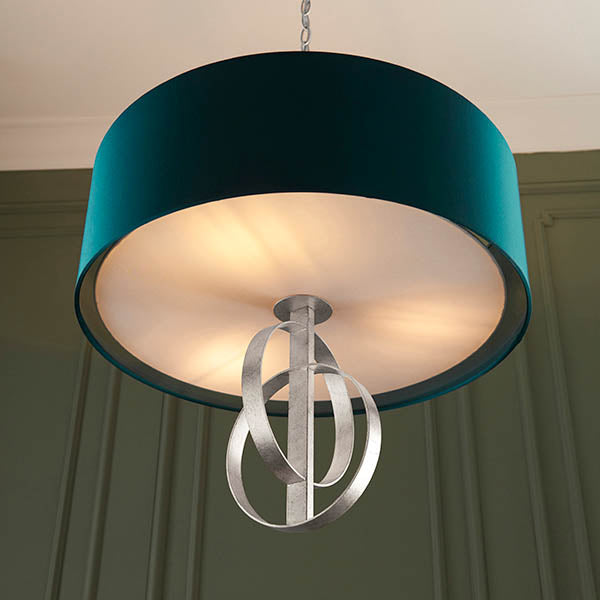 Lena 3Lt Pendant Ceiling Light Antique Silver Leaf & Teal Satin Fabric