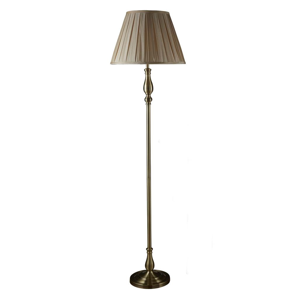 Flemish Floor Lamp- Antique Brass Metal & Grey Pleated Shade