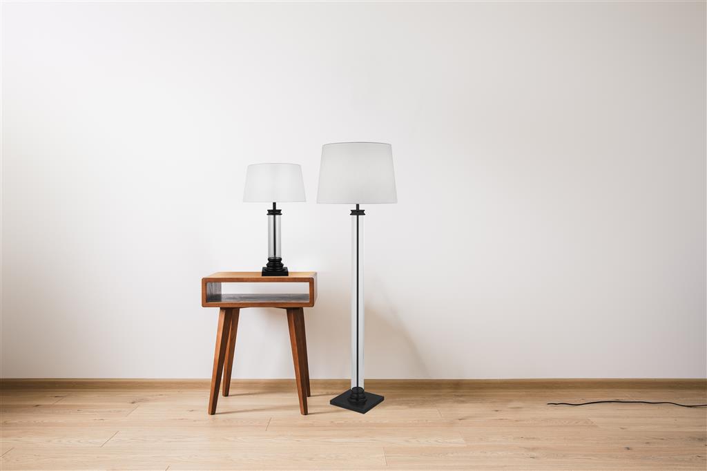 Pedestal Floor Lamp- Black Metal, Glass & White Fabric Shade