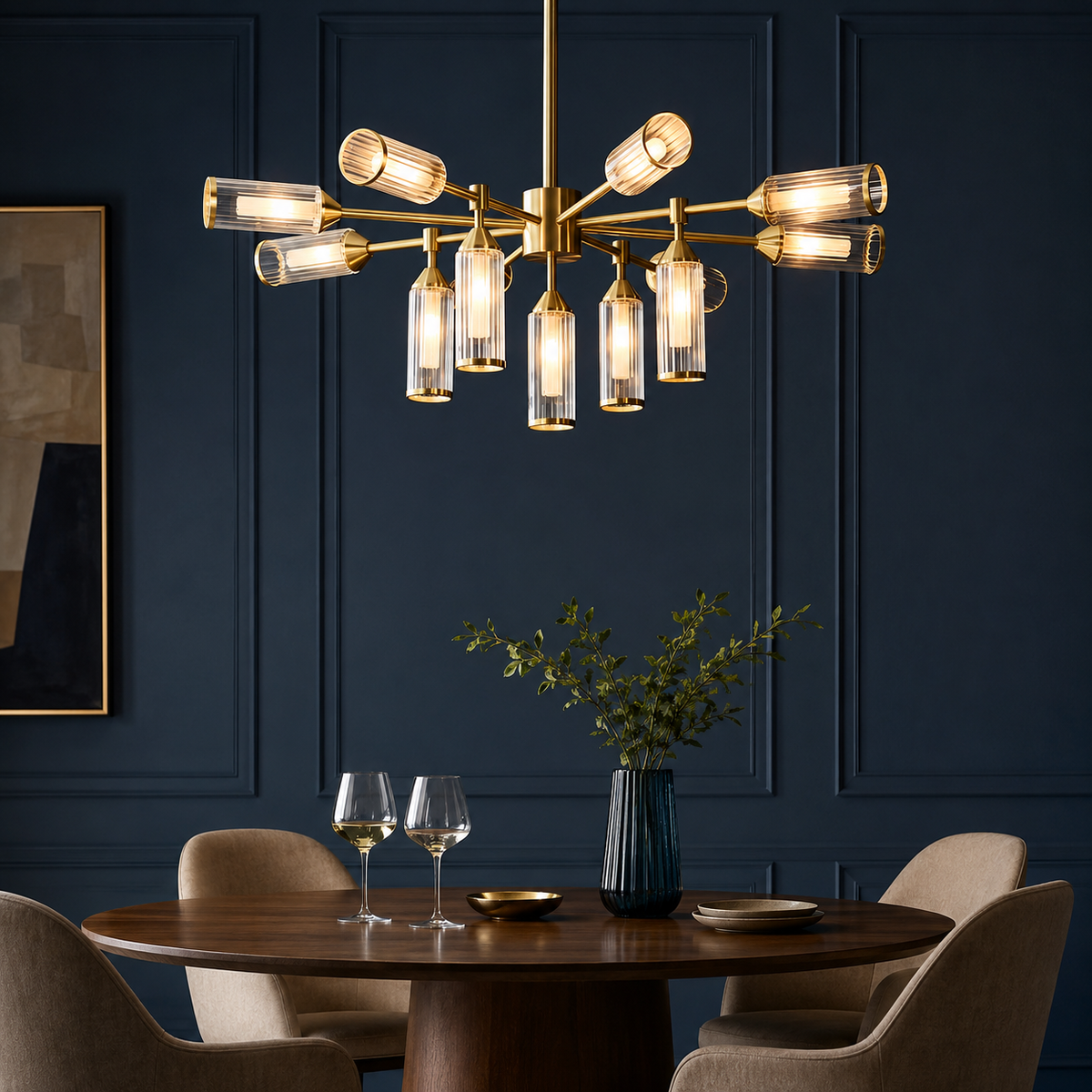 Avon 13Lt Pendant Ceiling Light Satin Brass w/ Ribbed & Frosted Glass