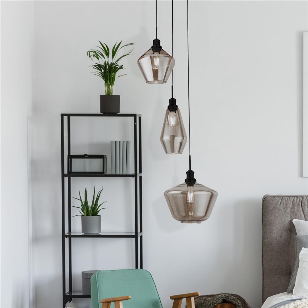 Morehead 3Lt Multi-Drop Pendant Ceiling Light Black/Smoked - Comet Lighting