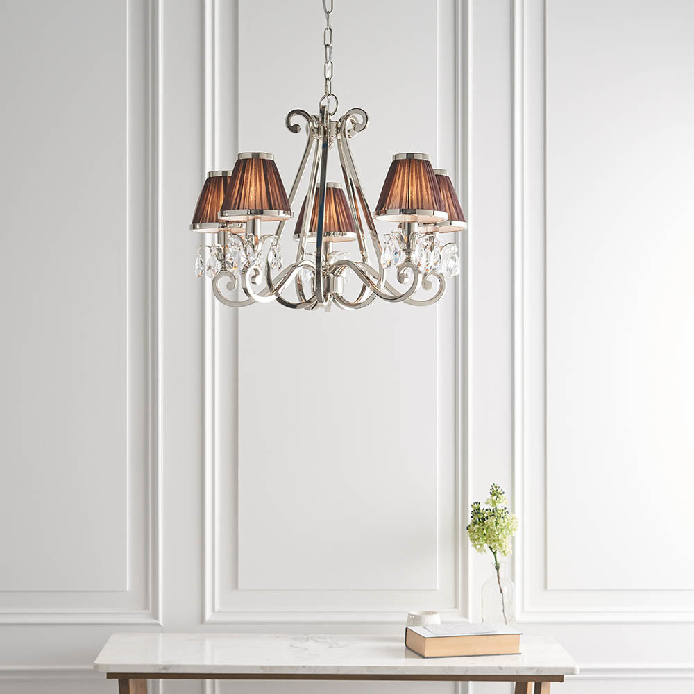 Oksana Nickel 5-Light Pendant & Chocolate Shades - Comet Lighting