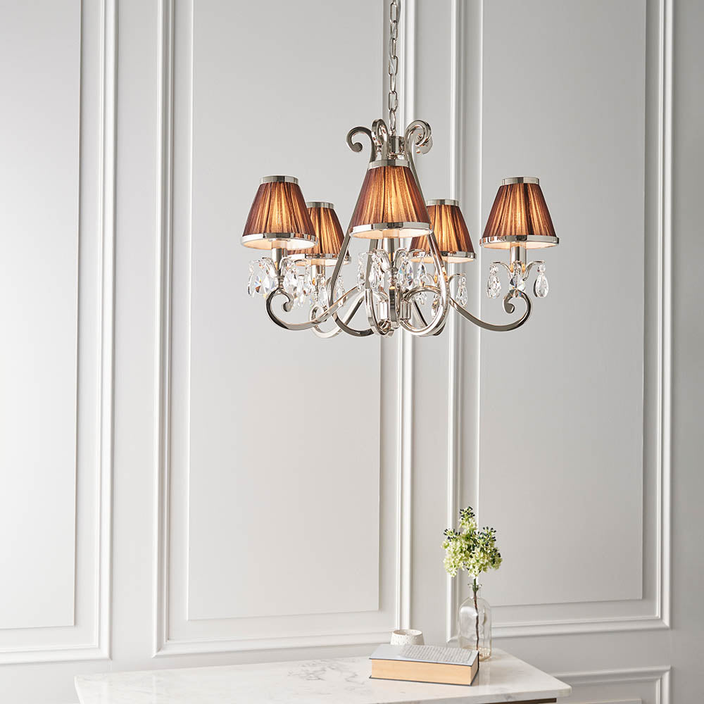 Oksana Nickel 5-Light Pendant & Chocolate Shades - Comet Lighting