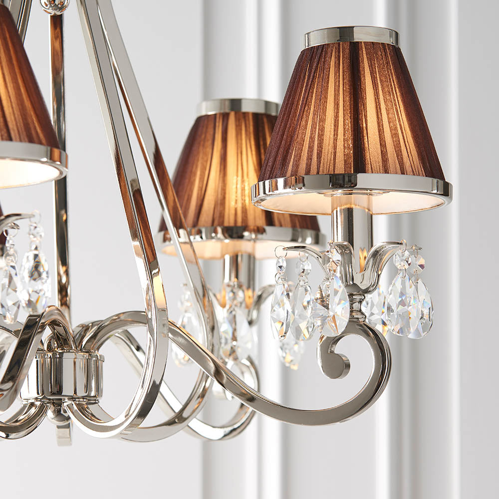 Oksana Nickel 5-Light Pendant & Chocolate Shades - Comet Lighting