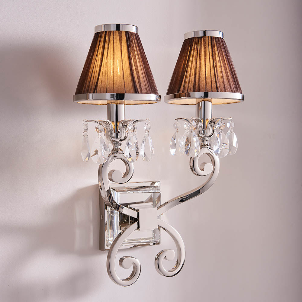 Oksana Nickel Twin Wall Light & Chocolate Shades - Comet Lighting