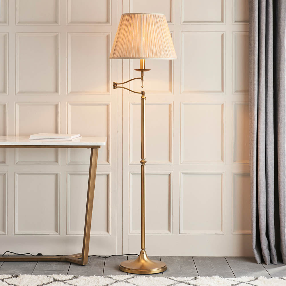 Stanford Antique Brass Swing Arm Floor Lamp & Beige Shade - Comet Lighting
