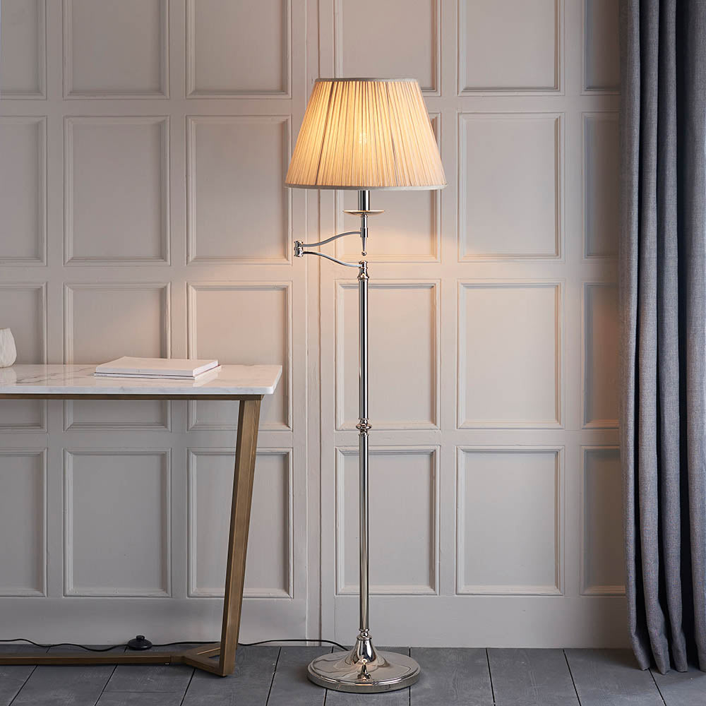 Stanford Nickel Swing Arm Floor Lamp & Beige Shade - Comet Lighting