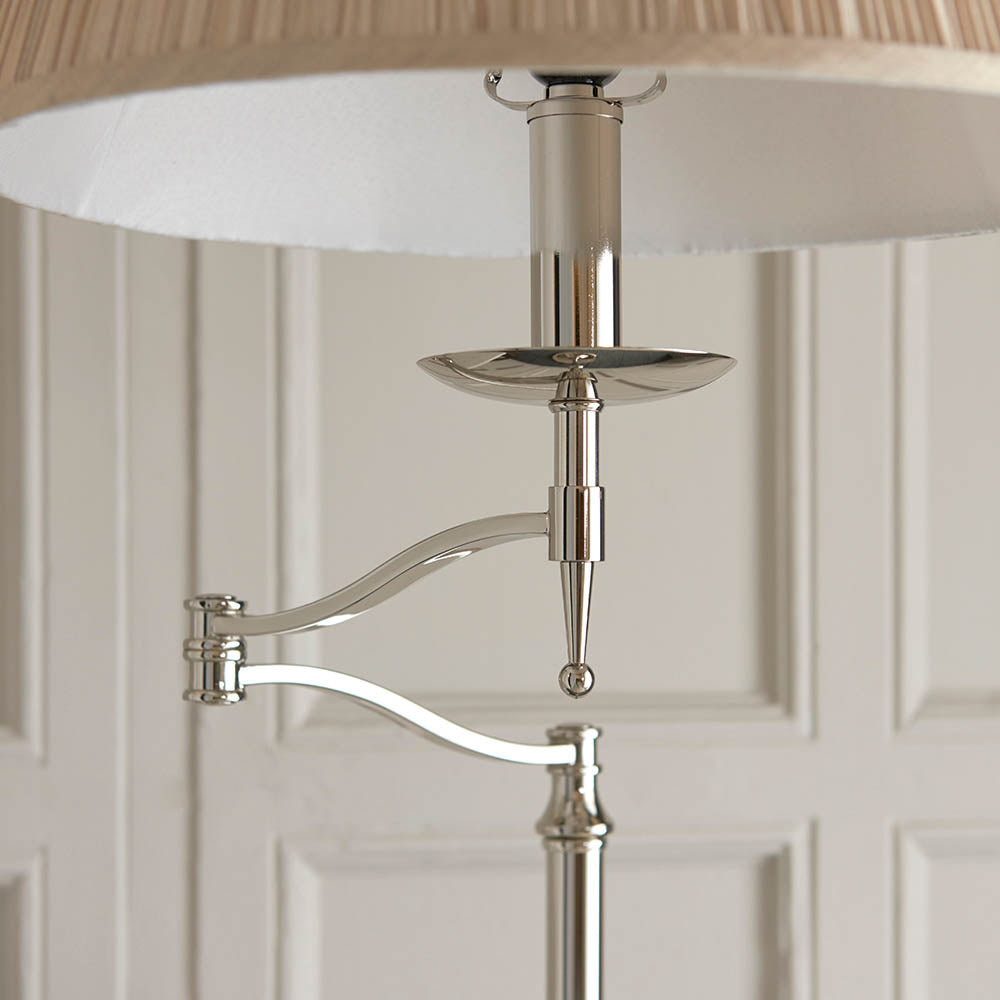 Stanford Nickel Swing Arm Floor Lamp & Beige Shade - Comet Lighting