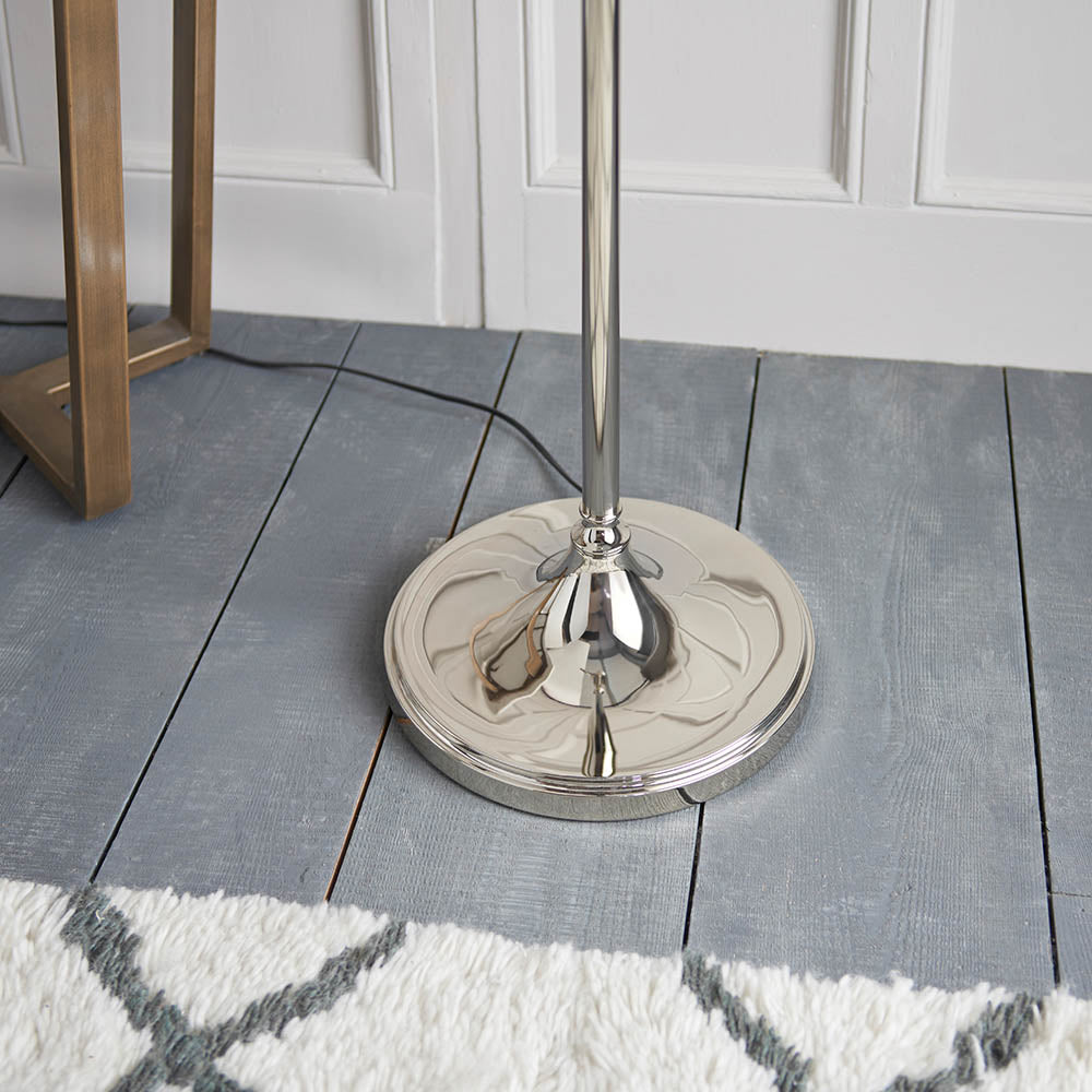 Stanford Nickel Swing Arm Floor Lamp & Beige Shade - Comet Lighting