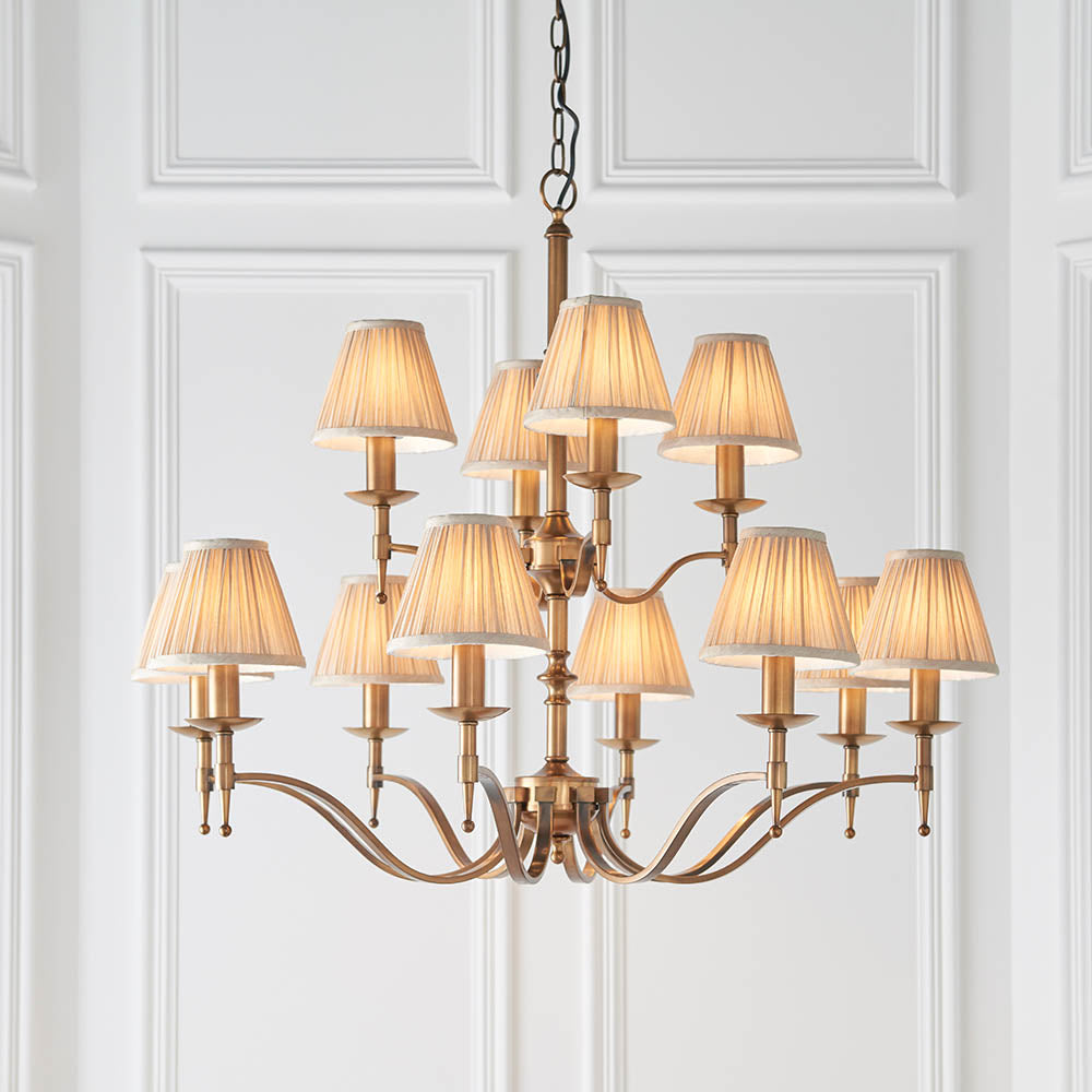 Stanford Antique Brass 12-Light Pendant & Beige Shades - Comet Lighting