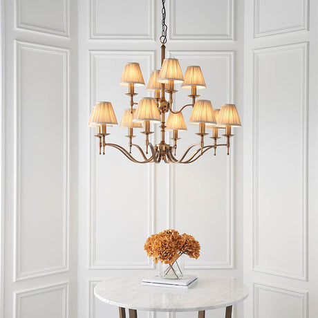 Stanford Antique Brass 12-Light Pendant & Beige Shades - Comet Lighting