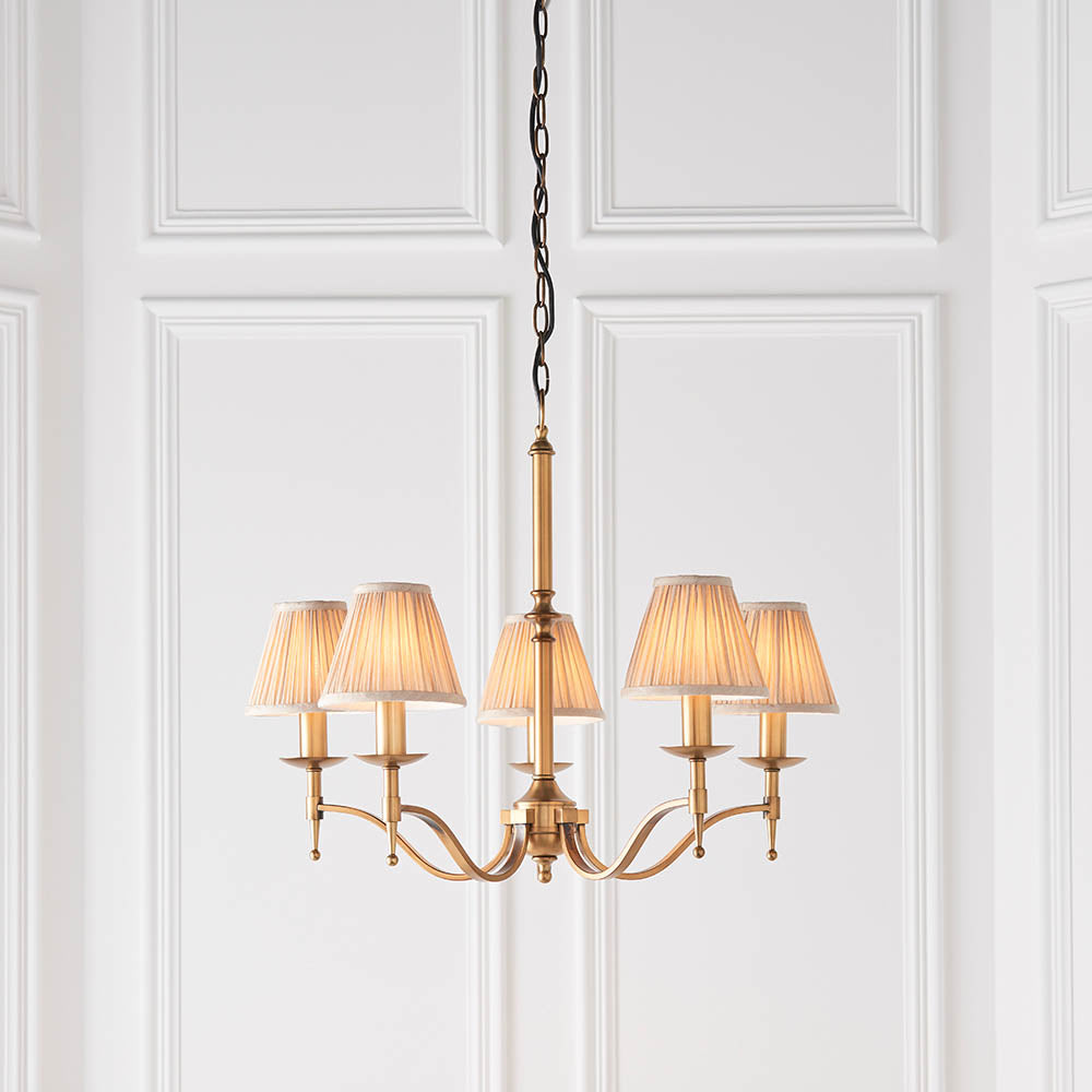 Stanford Antique Brass 5-Light Pendant & Beige Shades - Comet Lighting