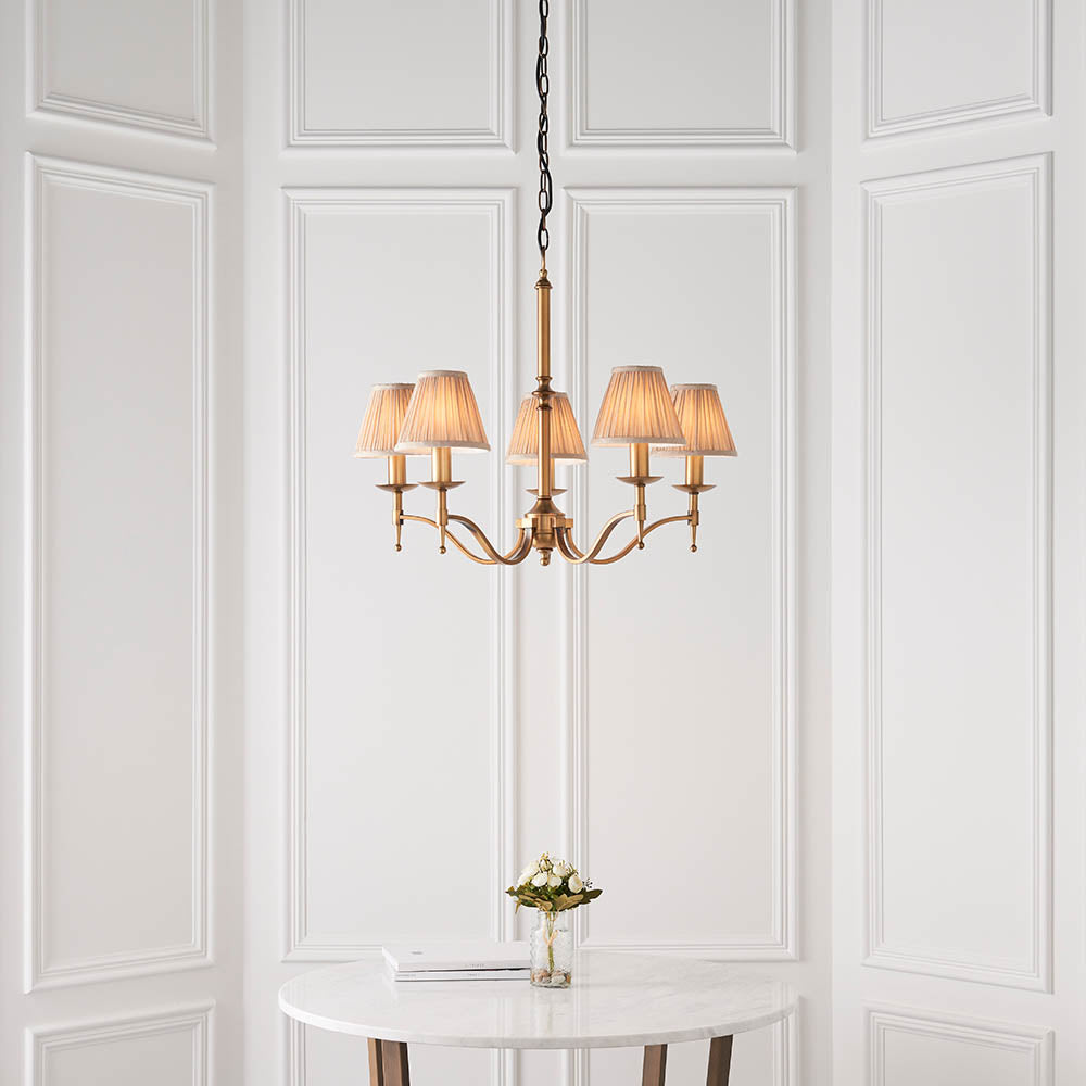 Stanford Antique Brass 5-Light Pendant & Beige Shades - Comet Lighting
