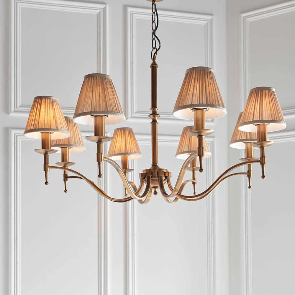 Stanford Antique Brass 8-Light Pendant & Beige Shades - Comet Lighting