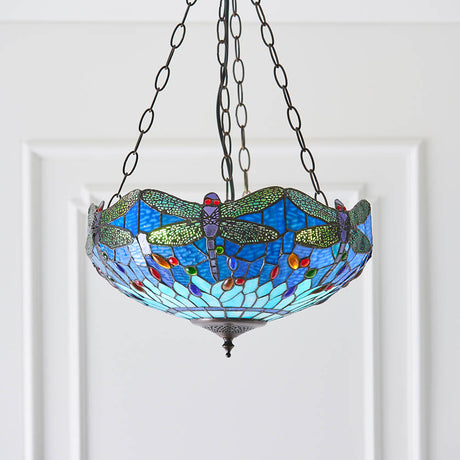 Dragonfly Blue Medium Inverted 3-Light Pendant Ceiling Light - Comet Lighting