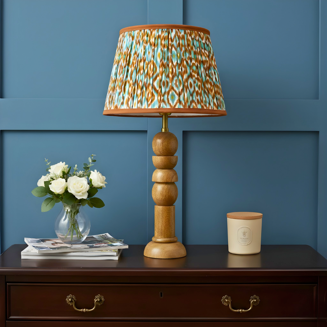 AARTIN Solace Wood Table Lamp & Brown With Blue Ikat Lampshade