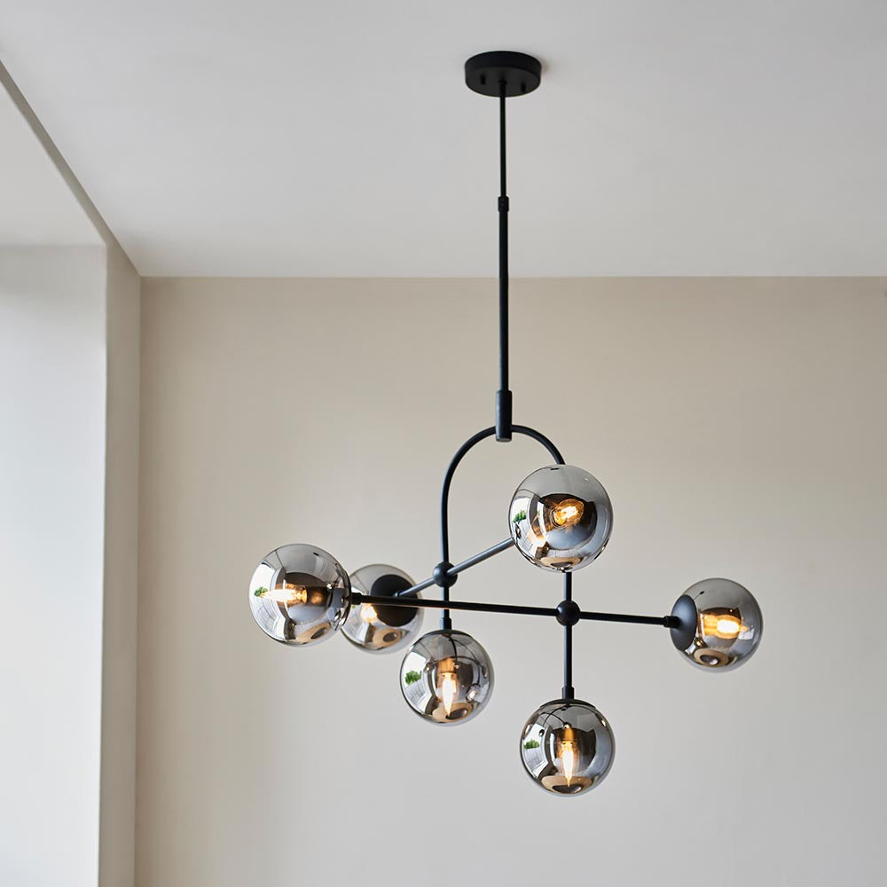 Yonne 6Lt Pendant Ceiling Light Matt Black w/ Grey Tinted Glass