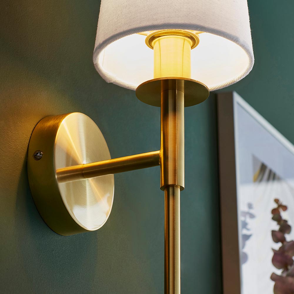 Derwent Wall Light Satin Brass Plate & Vintage White Fabric