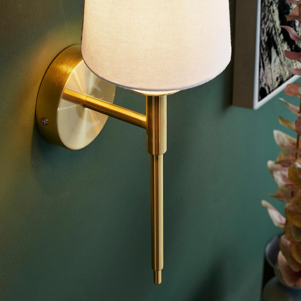 Derwent Wall Light Satin Brass Plate & Vintage White Fabric
