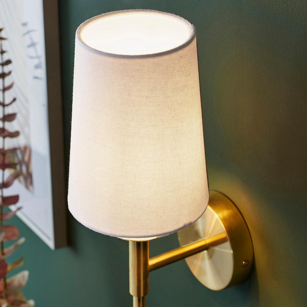 Derwent Wall Light Satin Brass Plate & Vintage White Fabric