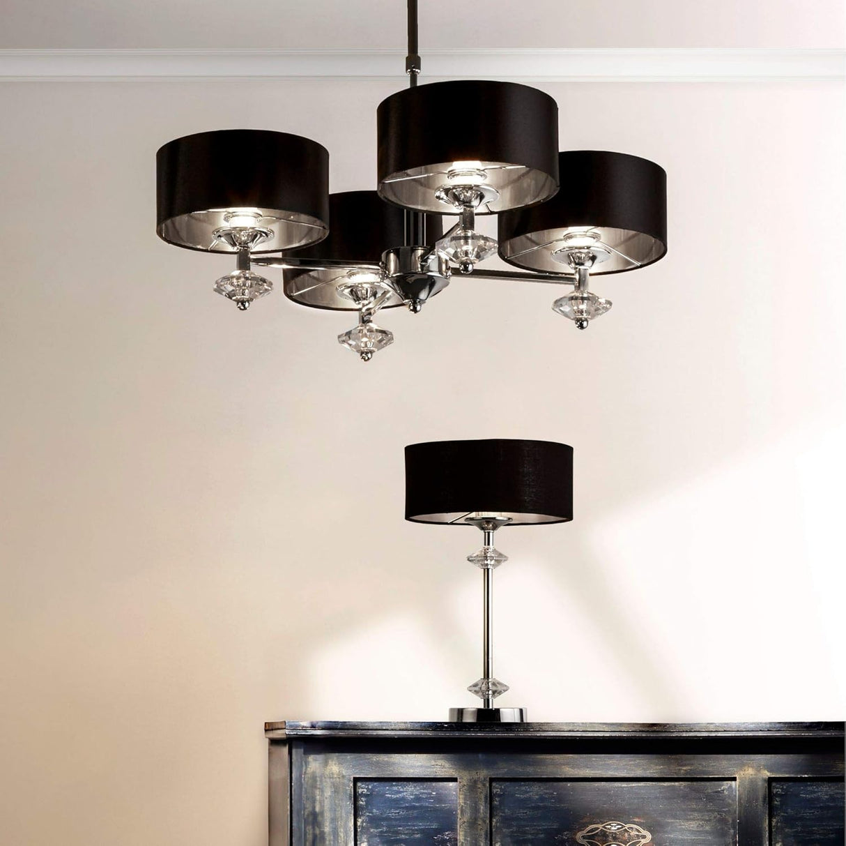 Marldon 4Lt Pendant Ceiling Light Chrome w/ Black Shades/Silver Inner - Comet Lighting