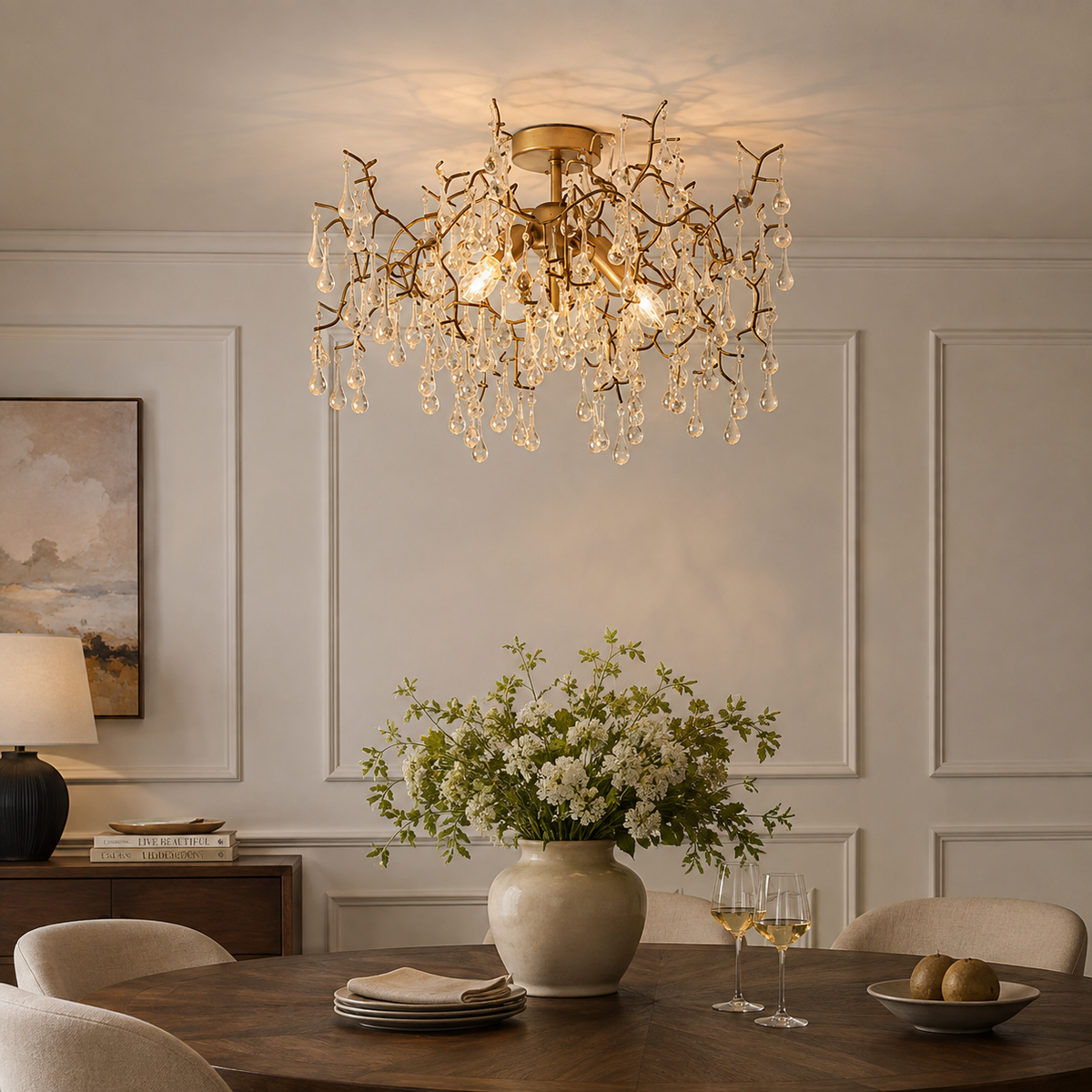 Spey 3Lt Semi-flush Ceiling Light Aged Gold Paint & Champagne Lustre Glass