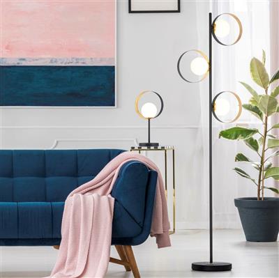 Tedburn 3Lt Floor Lamp Black/Gold Leaf - Comet Lighting