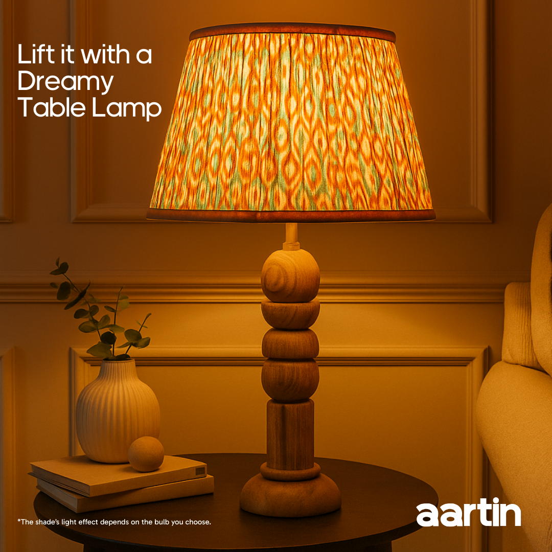 AARTIN 35 CM ORANGE & BLUE IKAT STRAIGHT EMPIRE GATHERED LAMPSHADE IN COTTON