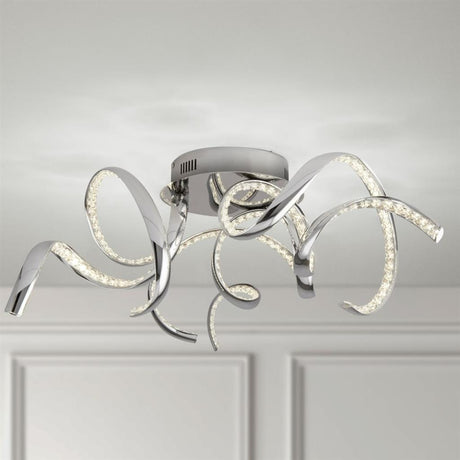 Hennock LED Twirl Arm Flush Ceiling Light Chrome/Crystal - Comet Lighting