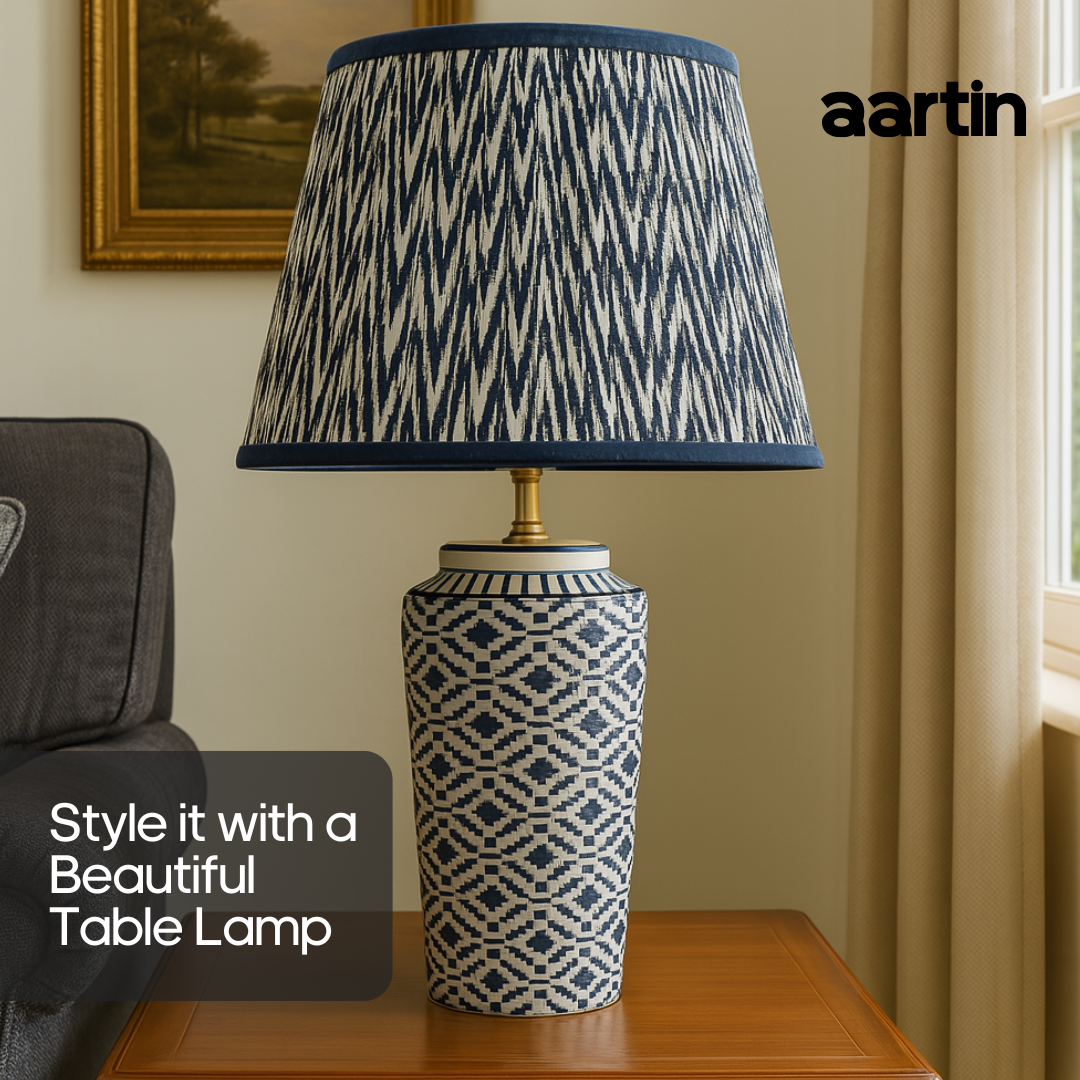 AARTIN 35 CM BLUE CHEVRONS STRAIGHT EMPIRE GATHERED LAMPSHADE IN COTTON