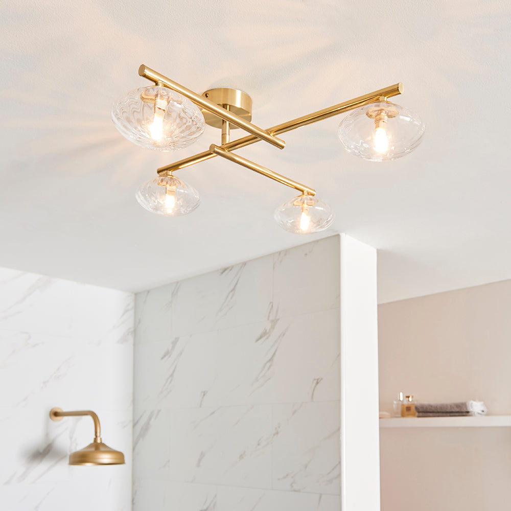 Mobias 4lt semi flush Satin brass plate & clear ribbed glass