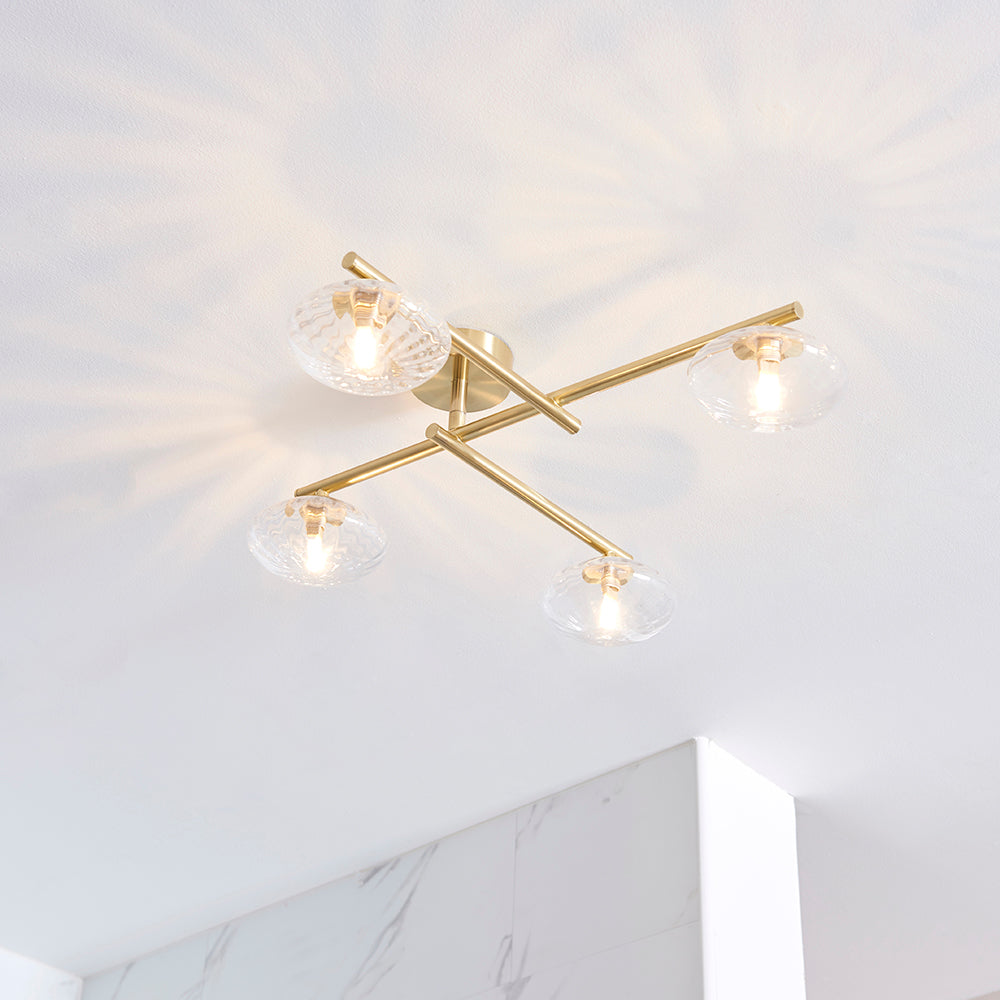 Mobias 4lt semi flush Satin brass plate & clear ribbed glass