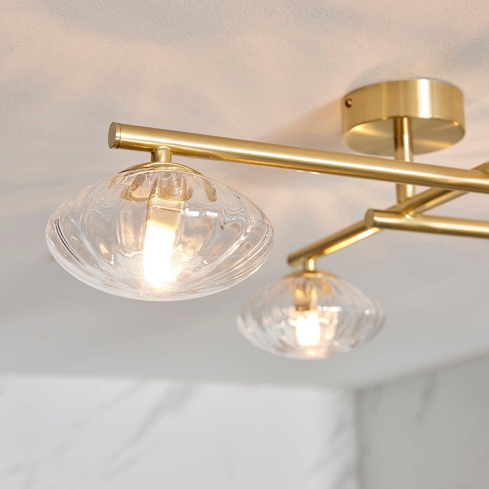 Mobias 4lt semi flush Satin brass plate & clear ribbed glass