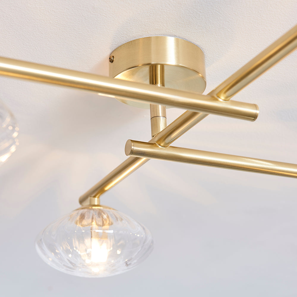 Mobias 4lt semi flush Satin brass plate & clear ribbed glass